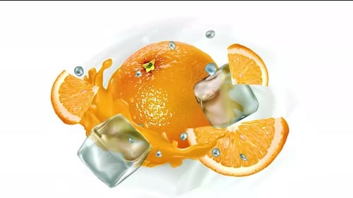 Refreshing Orange Juice Splash with Ice Cubes Animation