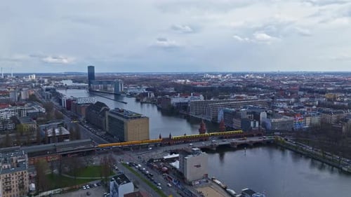 Aerial view of train crossing The Oberbaum Bridge , Berlin , Germany