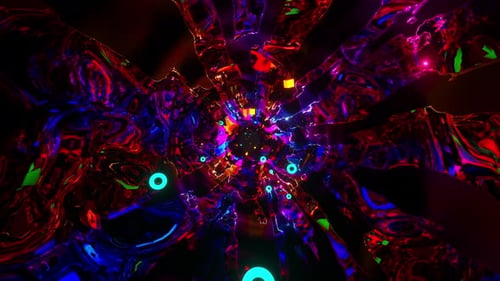 Colorful reflective abstract tube with lots of blue circles and orange squares. Loop animation