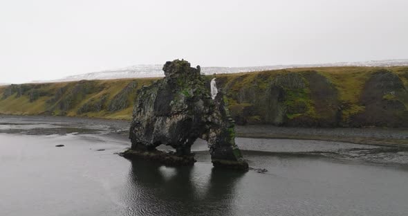 aerial view of hvitserkur basalt rock with waterfall, Nature Stock ...