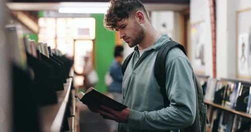 College, student and learning with novel in campus library for book study or history course