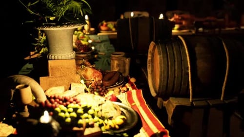 Abundant Feast Table with Wine Barrels and Grapes