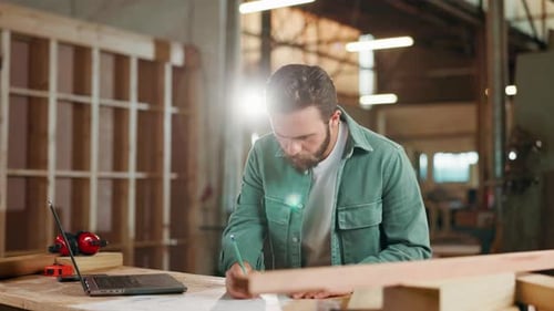 Carpentry, writing and carpenter in workshop on laptop for order process