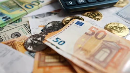 Background with US Dollars, Euros, Bitcoins, and Bills