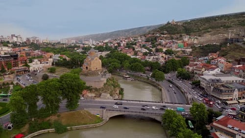 Aerial of historical part of Tbilisi city