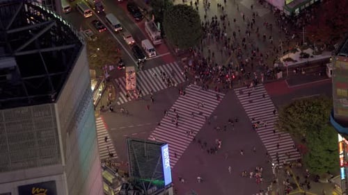 Tokyo, Japan Circa-2018. Aerial View of Shibuya Crossing at Night. From