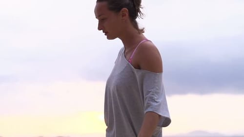 Woman, Jogger Stretching Legs on Beach During Sunset, Super
