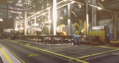 Industrial Robotics Assembly Line in a Modern Manufacturing Facility