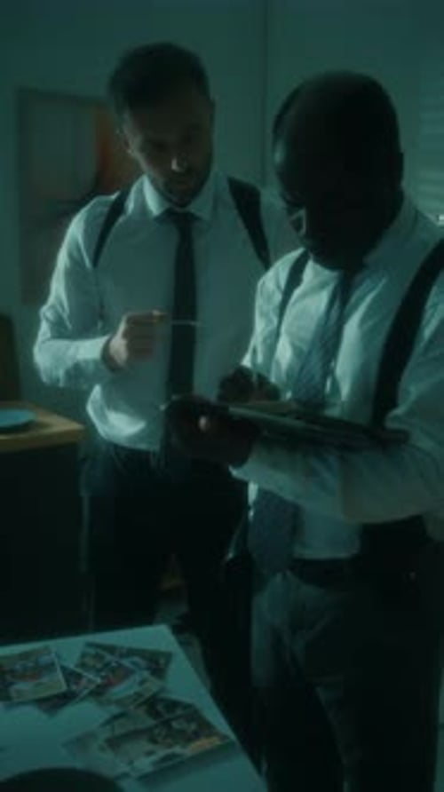 Detectives Examining Evidence in a Dark Office