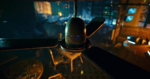 Fan Spins Above Dimly Lit Cafe During Evening Hours in a Lively Atmosphere