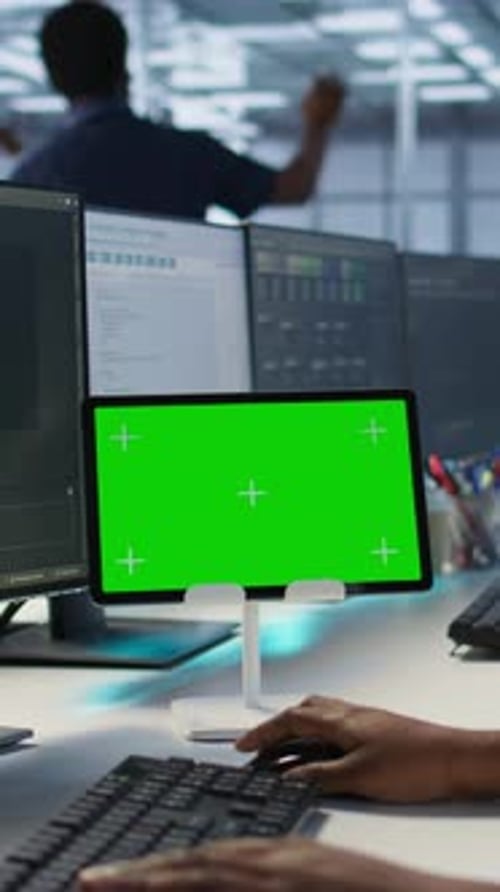 Vertical Video Data Center Programmer Using Mockup Tablet Maintaining Company Network