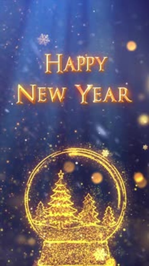 Glowing Particles Happy New Year Greeting with Christmas Snow Globe