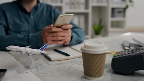 Tickets, Manager Consultant Works On A Touchscreen Smartphone, Typing A Text Message, In An Office