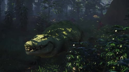 Crocodile se reposant au milieu d'un feuillage dense dans un environnement forestier mystérieux