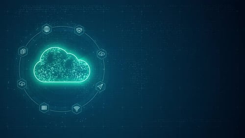 Blue digital cloud computing with line connection and data transfer to futuristic icon technology