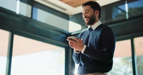 Businessman, scroll and laughing in office with phone for funny text message, chat and online meme