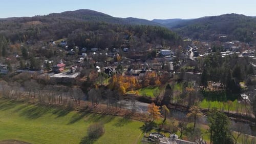 Aerial View of Woodstock Vermont in Fall Showcasing Stunning Vibrant Leaf Foliage