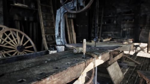 Old Carpentry Workshop Featuring Vintage Tools and Rustic Wooden Surfaces