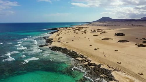 Beach with turquoise water on Fuerteventura island, Spain, Canary islands. Aerial view of sand beach
