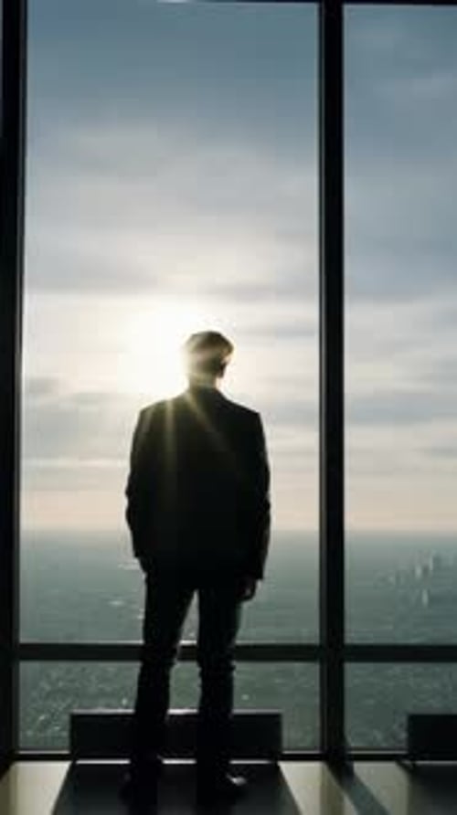 A Man in a Suit Stands By a Window Reflecting on the Cityscape