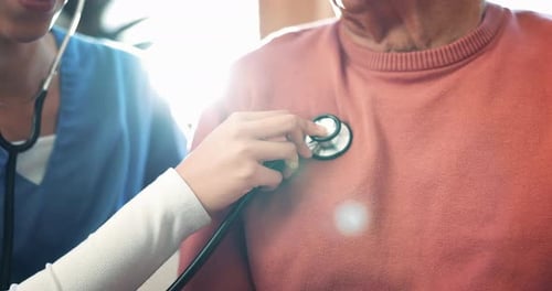 Woman, nurse and hands checking heart beat in elderly care, living room or healthcare at home