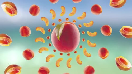 Flying Peach and Peaches Slices in Beach Tropical Summer Background