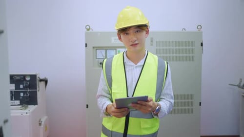 Portrait of Asian man industrial worker working in manufacturing plant.