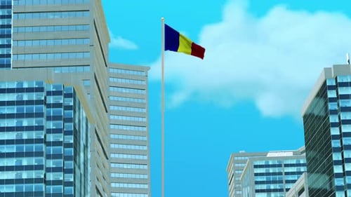 3D Romanian Flag Waving Over Modern City Skyscrapers