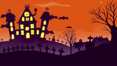 Halloween Haunted House and Graveyard with Flying Bats Animation
