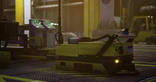 Entrepôt futuriste doté d'un véhicule de transport automatisé avancé