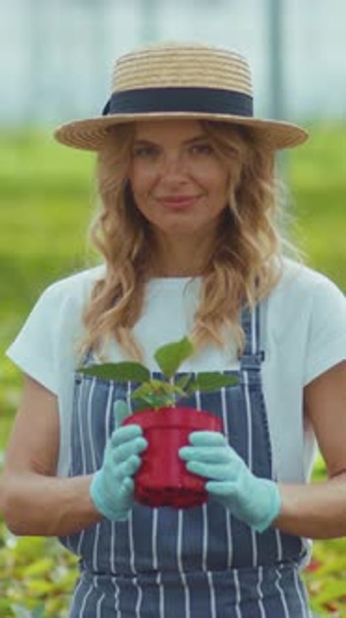 A Woman is Enjoying Her Time in a Lush Garden While Holding a Potted Plant Inside a Greenhouse