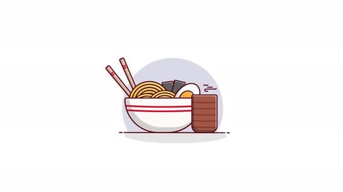 Animated Ramen Bowl with Chopsticks and Drink in Flat Design Style