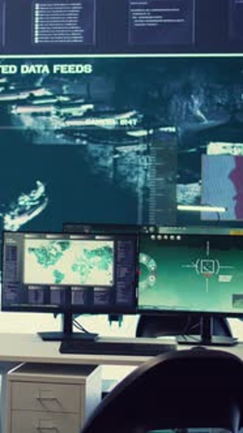 Vertical Video Empty Military Control Room Headquarters with a Big Display