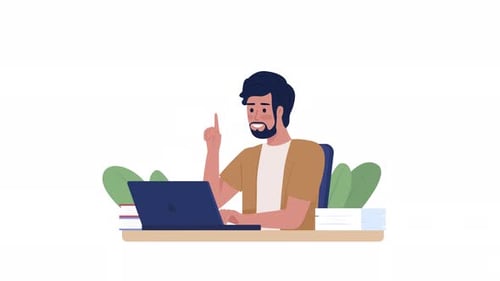 Flat Design Animation of Man Working on Laptop Getting an Idea