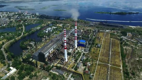 Petrochemical Factory with Smokestacks. Aerial Landscape of Heavy Industry Zone with Power
