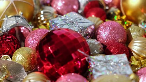 Christmas Ornaments Background Rotation Spinning Close Up a Glitter Christmas Tree Decoration Items