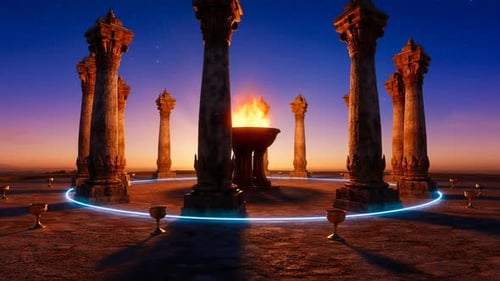 Rendu 3D de l'ancienne façade du Panthéon à moitié en ruine avec des flammes ardentes