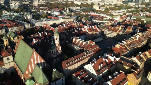 Aerial view of modern European capital city, Warsaw, Poland, Old Town with Skyline in the distance
