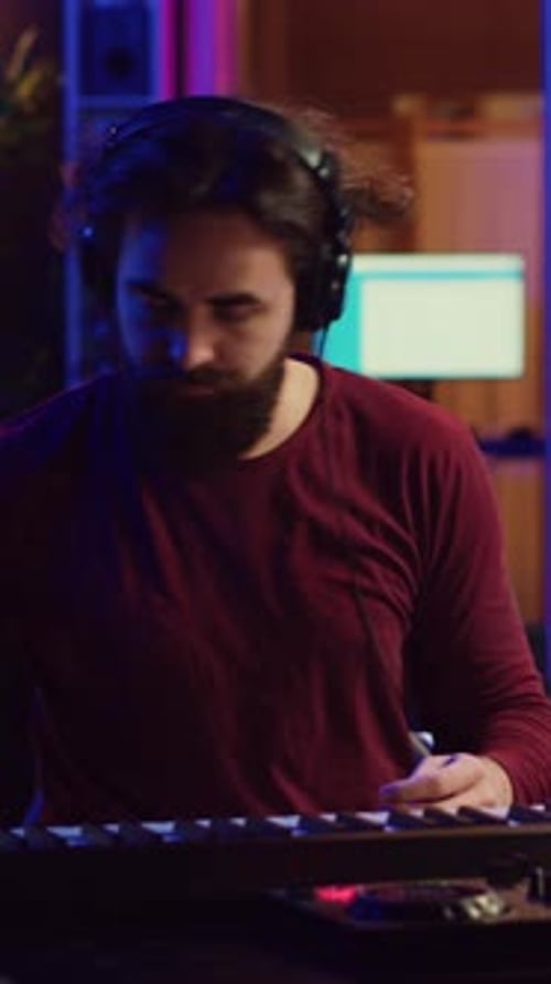 Vertical Video Artist Composing a Song on Electronic Piano Keyboard at Home Recording Studio
