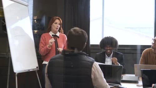 Businesswoman Giving Presentation to Diverse Colleagues in Conference Room