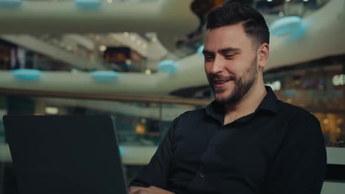 Male Business Coach Confident Arabian Man 30s Businessman Employer Sit at Business Center Make Video