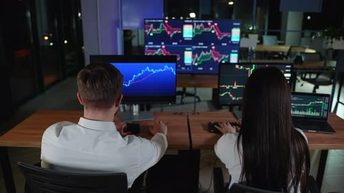Rear View Of People Working Finance Stock Exchange Cryptocurrency Concept