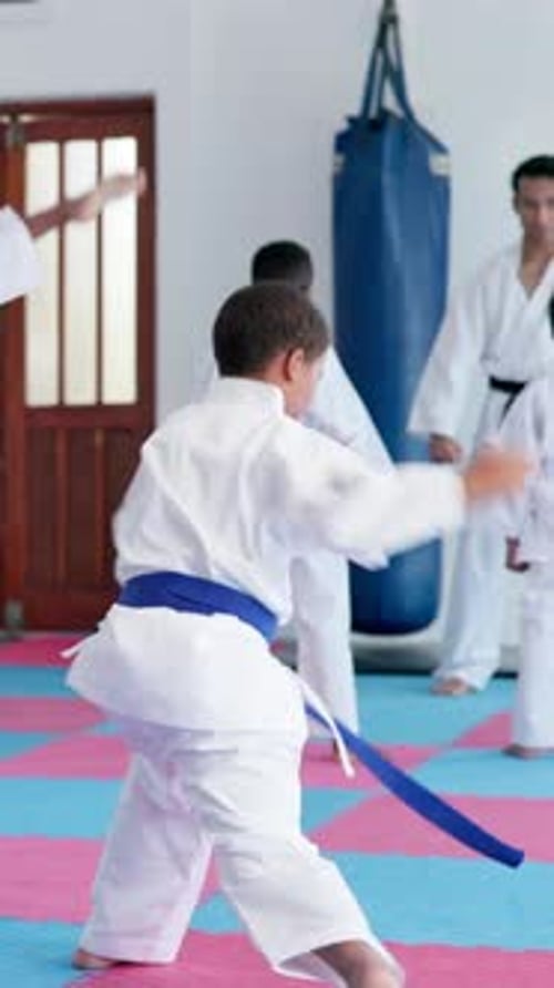 Boy Practicing Karate Moves in Dojo