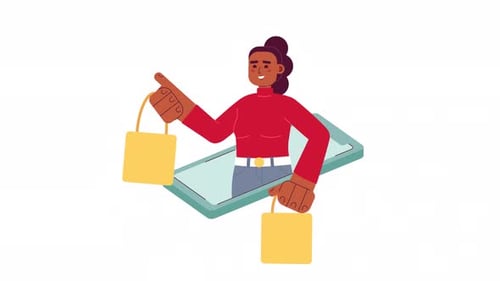 Online Shopping Concept: Woman with Bags Emerging from Phone