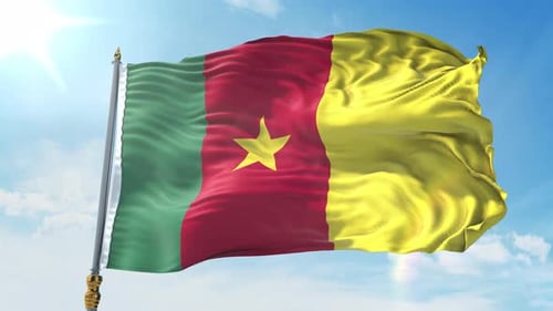 Cameroon National Flag Waving in Sunny Sky