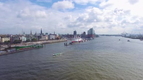 Aerial view of the Hamburg Harbor. Elbe river drone view.