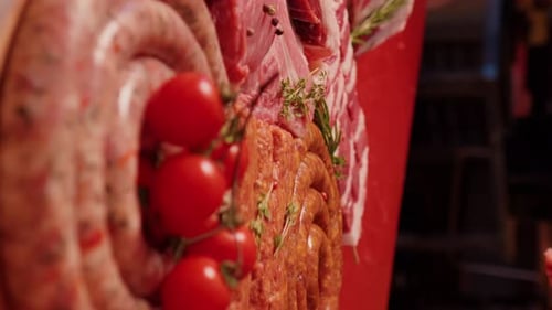Vertical Screen Man hands placing barbeque preps of square raw meat on skewers.