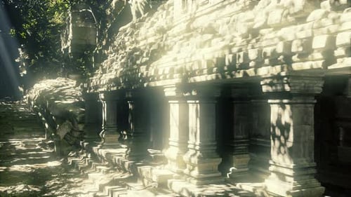 Ancient Stone Temple Ruins with Moving Sunlight and Shadows