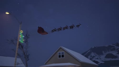 Der Weihnachtsmann fliegt in einer magischen Weihnachtsnacht mit Rentieren und Schlitten über ein Viertel