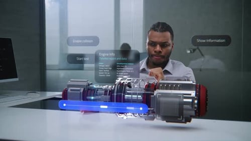 Afroamerikanischer Ingenieur nutzt Augmented Reality, um ein 3D-Modell eines Motors für saubere Energie zu entwickeln